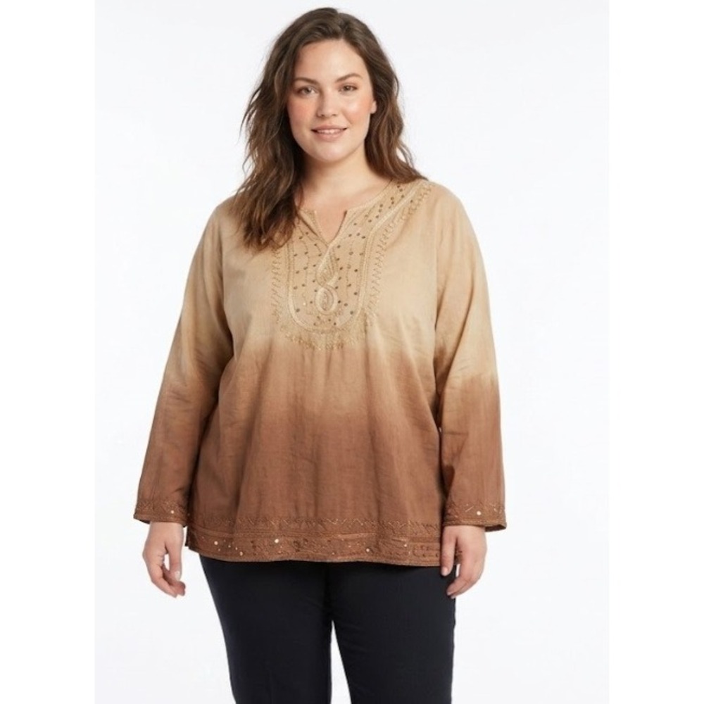 Phool size XL‎ Brown Tan Ombre Embellished V Neck Cotton Long Sleeve Blouse